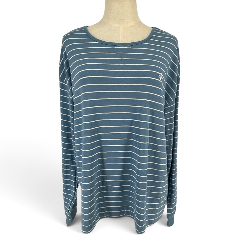 Lauren Ralph Lauren Womens XL Blue White Striped Long Sleeve Top LRL Logo